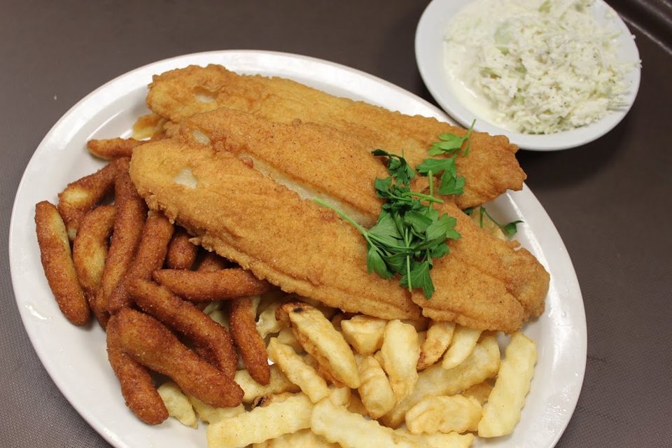 Catfish Filet with Fries Hushpuppies & Slaw